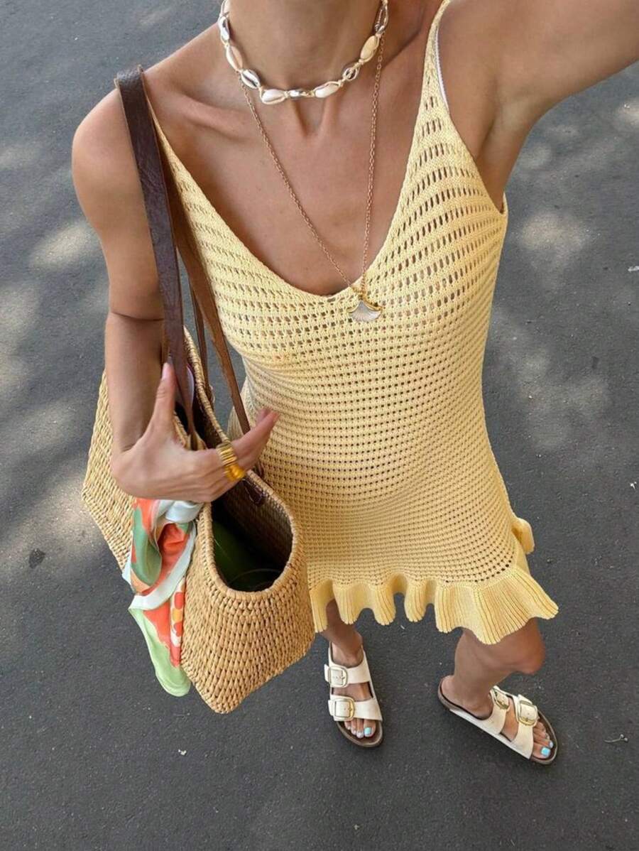 女士优雅性感透视Y2K露脐吊带背心镂空沙滩度假针织罩衫，夏季