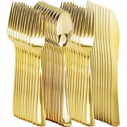 30pcs Gold Plastic Silverware, Disposable Gold Plastic Cutlery Set: 10pcs Gold Forks, 10pcs Gold Spoons, 10pcs Gold Knives, Suitable For Wedding, Party, Birthday, Holiday