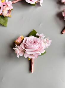 1pc/6pcs Rose Casual Polyester Lapel Pin & Wrist Flower For Groom Men, Party Wedding Decoration, Pink Artificial Flowers Valentine's Day Accessories - 6 Pcs Wrist Flowers - View 15
