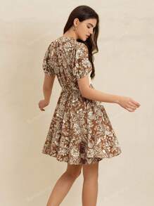 Rusttydustty Spring Linen Feel Women's Rustic Floral Vintage Dress With Lace Details Soft Romantic Short Dress For  Vacation Outfits Beach Coachella Music Festival