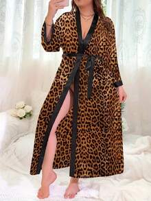 Vintage Oversized Plus Size Leopard Print Long Kimono Cover Up, Sexy Loose Casual Beachcover Up, Summer - Coffee Brown - View 4