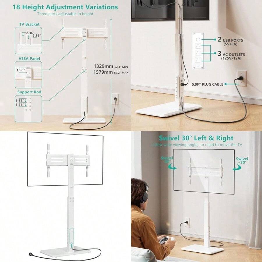 Floor TV Stand With Power Outlet Tall TV Stand Floor Mount For 32-75 Inch TV Up To 110 Lbs Swivel And Height Adjustable TV Stand With Wood Base For Bedroom Office TVDVD-7PW White - 白色1 - 查看 1