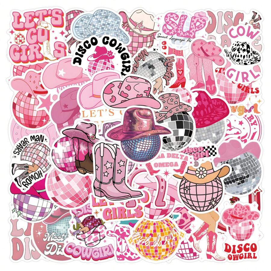 Pegatinas de vaquera disco, paquete de 55 unidades, pegatinas de vaquera de moda rosa, calcomanías y pegatinas de vinilo para portátil, suministros para fiestas como regalos (DiscCwgirl) papelería manualidades libro de sticker estikers - Multicolor - Ver 1