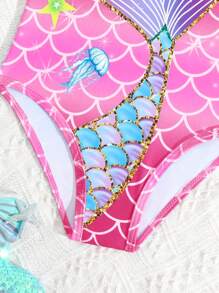 Traje de baño de una pieza con estampado de cola y escamas de sirena de dibujos animados para niñas jóvenes