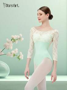 DonsGirl 女士七分袖蕾丝拼接芭蕾舞紧身衣，适合返校演出