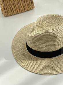 1pc Women Beige Western Cowgirl Style UPF50+ Sun Protection Panama Straw Hat With Black Decor, Vintage Style, Lightweight, Breathable, Suitable For Beach, Travel, Wedding Season, Music Festival, Valentine's Day Gift