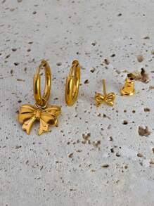 3pcs 14K Gold Plated Earring Set, Includes Bow Pendant Earrings, Fashion Jewelry Gift For Women - Gold - View 2