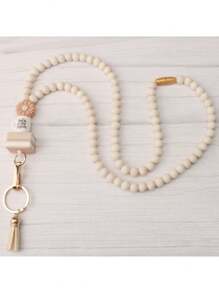 1pc Neck Keychain Strap Boho Tassel Wooden Beaded Lanyard For Keys Keychain ID Card Holder Fashion Necklace Lanyards For Women Gift,School Supplies,Back To School