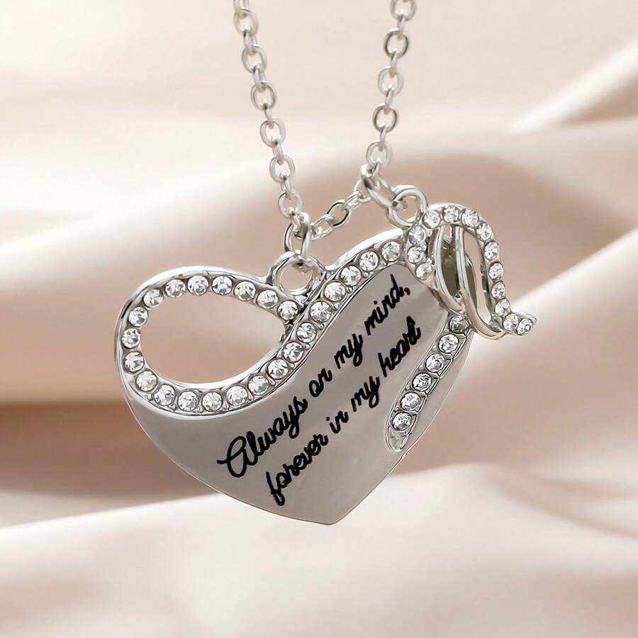 1 件时尚水钻天使翅膀心形吊坠项链 - 銀色 - 查看 1