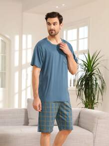 QIANNIANMA 2-teiliges Pyjama Set für Herren mit Kurzarm-Oberteil und Shorts, rundem Ausschnitt, kariert, lässige Hausmode, geeignet für Sommerlook Outdoor