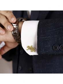 Customized Engraved Stainless Steel Cufflinks - Elegant Double Initial "Mr. & Mrs." Design, Ideal For Couples, Perfect For Valentine's Day Gift And Daily Work Accessory - Multicolor - View 3