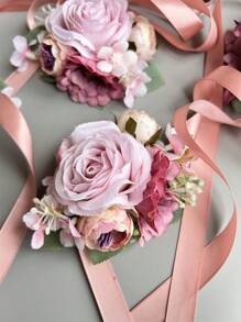 1pc/6pcs Rose Casual Polyester Lapel Pin & Wrist Flower For Groom Men, Party Wedding Decoration, Pink Artificial Flowers Valentine's Day Accessories - 6 Pcs Wrist Flowers - View 3