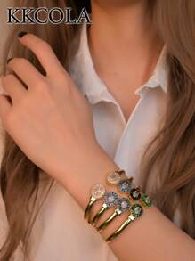 KKCOLA 1 件时尚几何椭圆形锆石手链，多色可选，适合女士派对、度假、海滩珠宝、日常配饰 - 金黃色 - 查看 2