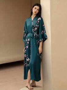 European & American Retro Spring/Summer Commuting Floral Print Mid-Length Cover Up Outwear, Sexy Belted Kimono Robe