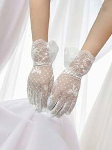 1 双女童透气蝴蝶结网格蕾丝公主网眼蝴蝶结手套，适用于婚纱、照片、舞台表演、公主、生日、花童、礼仪舞蹈、超弹力五指手套 - 1Pair - 查看 9