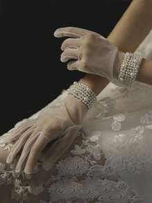 1 Pair Lace Yarn Wedding Dress Gloves, Mesh Cloth, Sewn Beads, Bow Short Style Party Faux Pearl Decor Bridal Gloves, Polyester, Full Finger, Solid Color White Gloves, Decorative Wedding Accessory For Women, Elegant Gauze Wedding Gloves, Exquisite Magnificent Elastic Mesh Bridal Gloves