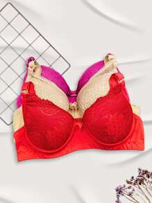 Kit até 03 Sutiãs Rendado Reforçado Premium Melissa Com Bojo Push Up Efeito Silicone Poliamida Alças Reguláveis - Multicolorido - Visão 6