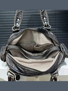 复古休闲酷手提包，个性化 Y2K 辣妹机车包，街头风格水洗纯色仿皮仿皮城市包，适合工作、通勤、约会、派对大容量多口袋单肩斜挎包 - 銅色 - 查看 5