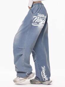 Women Solid Color Letter Print Low Waisted Straight Loose Drawstring Waist Casual Jeans Spring Fall - Blue - View 3