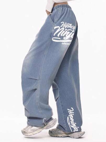 女士纯色字母印花低腰直筒宽松抽绳休闲牛仔裤 春季款