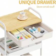 3-Tier Metal Utility Rolling Cart With Drawer And Wooden Table Top, Storage Cart White Trolley Kitchen Organizer Rolling Desk With Locking Wheels For Office, Classroom, Home, Bedroom Outdoor Decor - Light Color - View 3