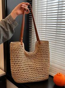 Yogodlns Nuevas bolsas de mano totes con diseño calado para mujer, de gran capacidad, tejidas de paja, bolso de hombro estilo vintage para viajes y playa, bolsa de compras