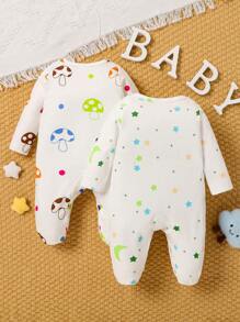 2pcs/Set Cute Mushroom Print Footie Jumpsuit - White - View 2