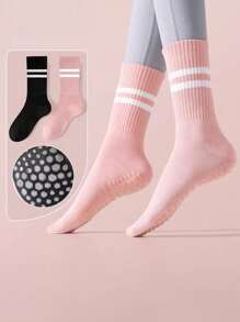 5 Pairs Women's Crew Yoga Socks With Dual Stripes, Full Sole Silicone Anti-Slip, Comfortable Soft Cushioned, Suitable For Dance, Pilates Yoga, Indoor Fitness Grip Socks - Multicolor - View 7