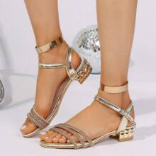 Golden Thick Heel Sandals For Women, New Ladies Shoes, Buckle Strap Summer Dress Shoes, Rhinestone Decor High Heels Sandals