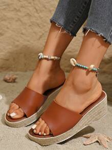 Women's Vacation Platform Sandals, Single Strap, Straw Sole, Wedge Heel, Wide Fit
