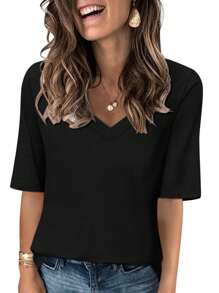 HIGHFINE Women's V Neck Short Sleeves T Shirt  Solid Casual T Shirt - Black - View 1