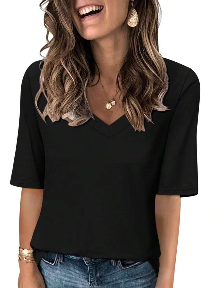 HIGHFINE Women's V Neck Short Sleeves T Shirt  Solid Casual T Shirt - Black - View 1