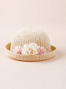 1 pieza Sombrero de sol con borde de bebé niña tejido con flor, sombrero de sol versátil para verano de bebé/niño pequeño