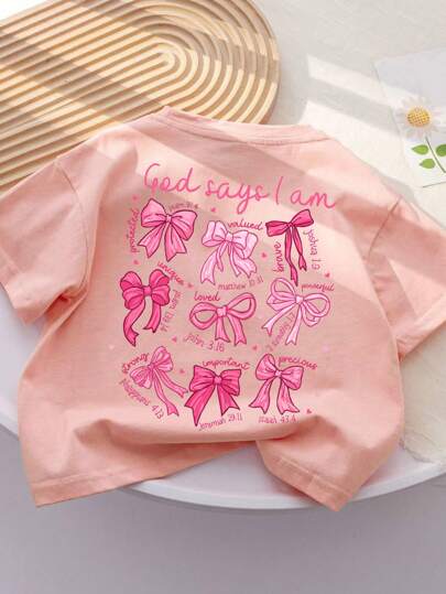 Tween Girl's Cartoon Bow Print Round Neck Short Sleeve Tee Spring And Summer Casual T Shirt For Tween Girl