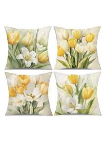 4pcs New Tulip Flower Series Pillow Case, Soft Polyester Plush Cushion Cover For Sofa