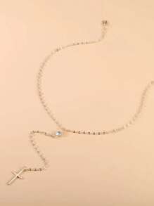 1pc Fashion Rhinestone Cross Pendant Necklace, Charm Y-Neck Chain - Yellow Gold - View 7