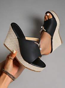 Women's 2025 Summer New Rhinestone Platform Wedge Thick Bottom Open Toe Sandals, Fashion Versatile Strap Slide Sandals - Black - View 4