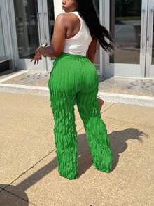 Tulle Ruffle Hem Loose High Waist Wide Leg Pants Summer Spring Streetwear - Olive Green - View 2