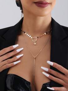 1pc Fashionable Gold Chain Round Disc Star Tassel Pendant Necklace, Layered Hipster Necklace