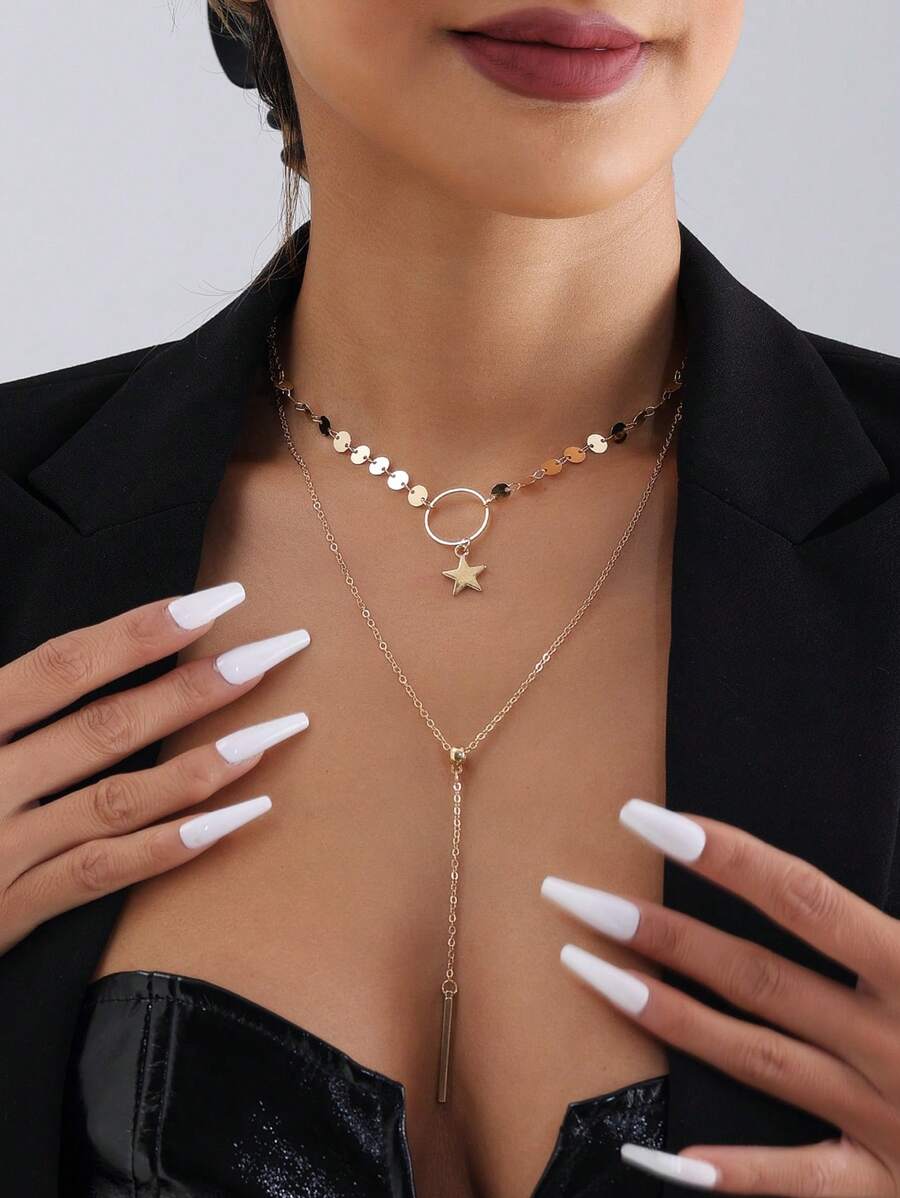 1pc Fashionable Gold Chain Round Disc Star Tassel Pendant Necklace, Layered Hipster Necklace