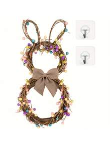 NLDD Easter Bunny Wreath With Pastel Beads - Plastic Twig Rabbit-Shaped Door Decor With Berries And Bow - Handmade Rattan Grapevine Spring Pendant For Home Garden - Multicolor - View 3