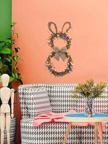 NLDD Easter Bunny Wreath With Pastel Beads - Plastic Twig Rabbit-Shaped Door Decor With Berries And Bow - Handmade Rattan Grapevine Spring Pendant For Home Garden - Multicolor - View 1