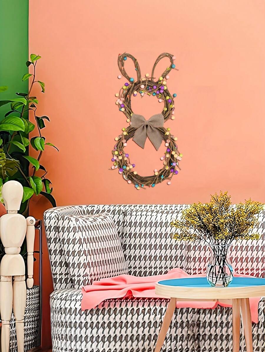 NLDD Easter Bunny Wreath With Pastel Beads - Plastic Twig Rabbit-Shaped Door Decor With Berries And Bow - Handmade Rattan Grapevine Spring Pendant For Home Garden - Multicolor - View 1