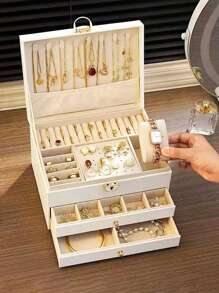 1 hộp đựng trang sức 3 ngăn có khóa họa tiết hình thoi sang trọng, hộp đựng trang sức nhiều lớp có khóa, hộp đựng trang sức, hộp đựng hoa tai và trang sức, bàn trang điểm, phụ kiện phòng ngủ, sắp xếp và lưu trữ đồ gia dụng, trang trí phòng, quà tặng cho phụ nữ - trắng - Xem 2