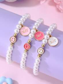 3pcs/Set Best Friends & Sisters Pearl Bracelet Set, BFF Bow & Heart Bracelet Set - Multicolor - View 3
