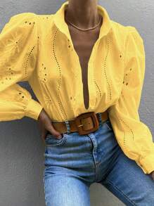 Women's Summer Solid Color Embroidered Hollow Out, Holiday Retro Style Bohemian Embroidery Blouse