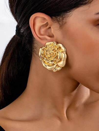 1 par de pendientes de flor de peonía de aleación 3D de diseño elegante y de gran tamaño