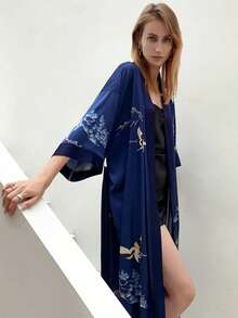 Neo-Traditional Chinese Style Crane Print Mid-Length Loose Kimono Cover Up, Lightweight Summer Tie-Waist Robe, Outerwear - Blue - View 6