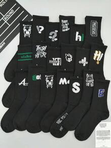 10 双随机黑色男士中筒袜，字母和卡通图案，情侣休闲风格运动袜