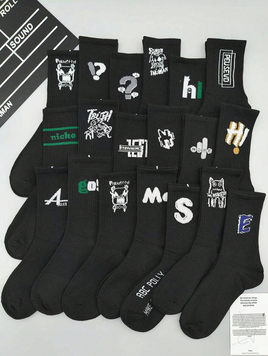 10 双随机黑色男士中筒袜，字母和卡通图案，情侣休闲风格运动袜